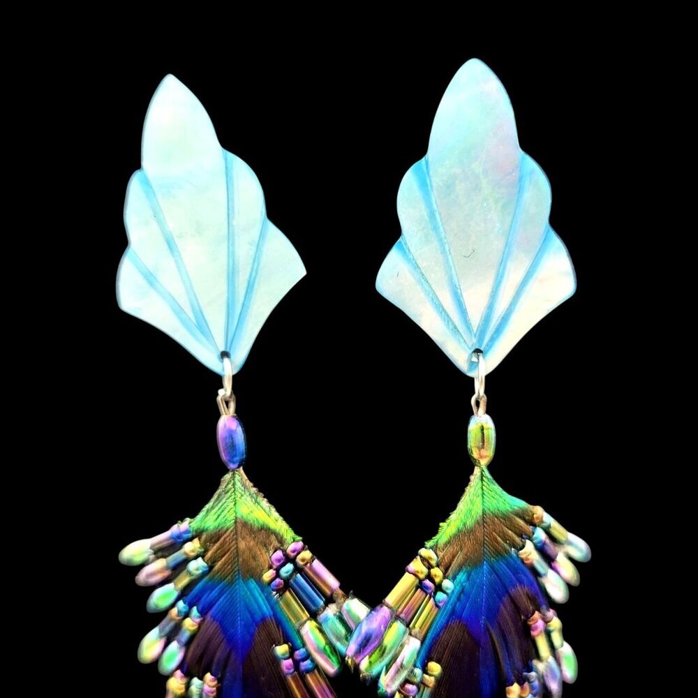 Handcrafted Iridescent Peacock Feather & Bead Earrings Shell Leaf Design 3.5" - Picture 2 of 7